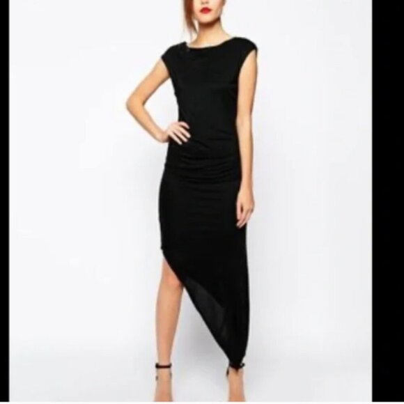 BCBGMAXAZRIA Jennifer Ruched Side Sleeveless Asymmetric Black Dress S XXS - Picture 1 of 1